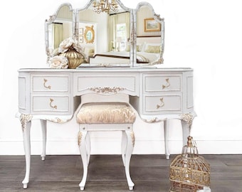 Vintage French Style Dressing Table, White and Gold Trim, Triple Mirror and  Stool - Etsy