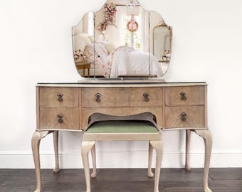 Bespoke Painted to Order Dressing Table and Stool Set, Vintage Queen Anne Style
