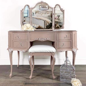 Hand Painted French Style Dressing Table with Stool: Olympus Pink, Champagne Trim