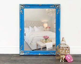 Bright Blue Antique Painted Mirror, Gold Highlight Accent