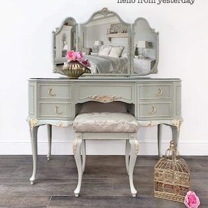 Hand Painted French Style Dressing Table, Green Gold Trim, Triple Mirror (NO STOOL)