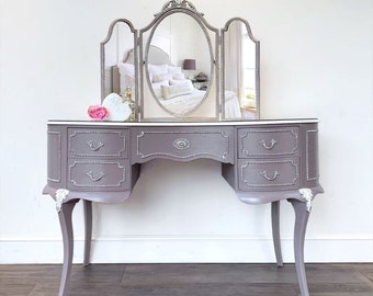 french grey dressing table SOLD Olympus Louis Table, Hand Painted French Style Romantic Dressing Table, Champagne Trim Bedroom Furniture, p607s
