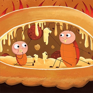 May include: Two cartoon bugs with large eyes and smiles are sitting inside a large, orange, bread-like object. They are eating a white, gooey substance that is dripping from the object.