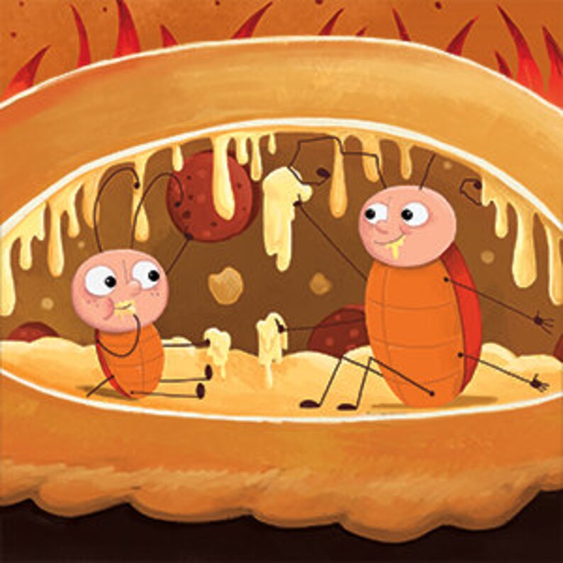 May include: Two cartoon bugs with large eyes and smiles are sitting inside a large, orange, bread-like object. They are eating a white, gooey substance that is dripping from the object.