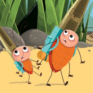 May include: Two cartoon cockroaches with large eyes are wearing backpacks and walking away from the viewer. The cockroach on the right is looking back at the viewer with a worried expression. The background is a green grassy area.