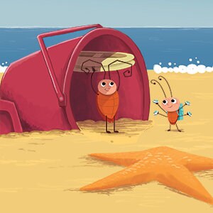 May include: Two cartoon bugs on a beach. One bug is holding a red bucket over its head. The other bug is holding two blue ice cubes. A large orange starfish is in the foreground.