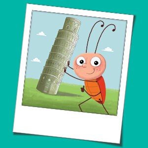 May include: A cartoon illustration of a red and brown bug smiling and holding up the Leaning Tower of Pisa, a famous landmark in Italy.
