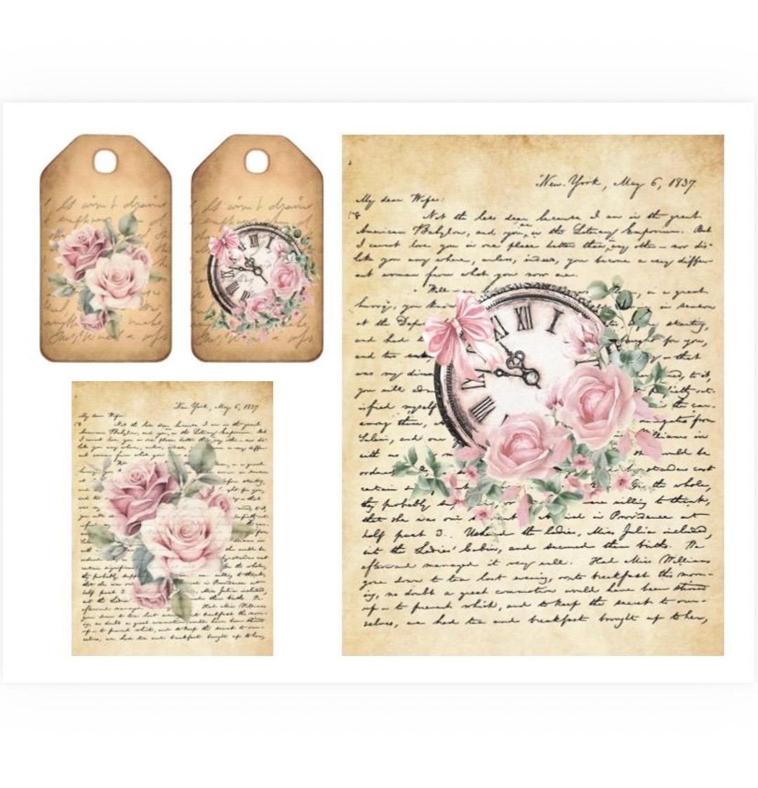 Shabby Chic Vintage Ephemera Tags Journal Cards Floral Tea Stained ...