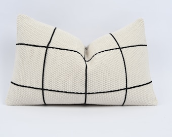Striped Turkish Kilim Pillow Cover, White & Black, 12x20 Sofa Cushion