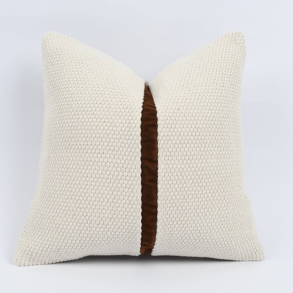 Farmhouse Pillow, Turkish Kilim Pillow, 16x16 Pillow Cover, Decorative Pillow, Authentic Pillow, Modern Pilllow, Brown Leather Pillow