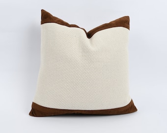 Brown Leather Pillow, 20x20 Turkish Kilim Pillow, Bohemian Kilim Pillow, Home Decor, Couch Accent Pillow, Decorative Pillow, Throw Pillow