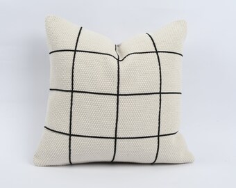 Modern Pillow, 20x20 Turkish Kilim Pillow, Black Striped Pillow, Farmhouse Pillow, Livingroom Decor, Couch Throw Pillow, Decorative Pillow