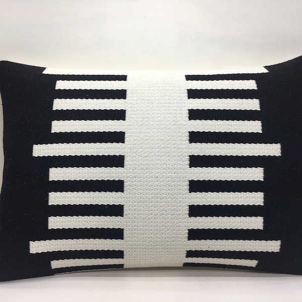 Striped Pillow, 16x24 Turkish Kilim Pillow, White And Black Pillow, Handwoven Couch Pillow, Decorative Pillow, Anatolian Throw Pillow,