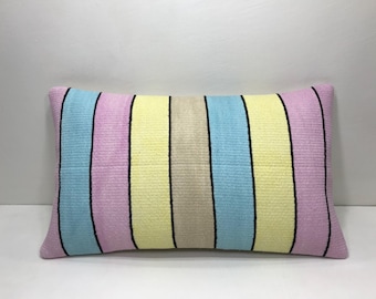 Handmade Turkish Kilim Pillow Cover, Striped Boho Lumbar Cushion (12x20)