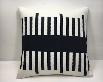 Black Striped Kilim Pillow Cover, 20x20 Turkish Woven Cushion