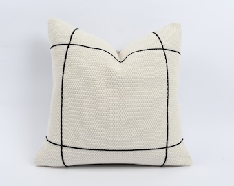 Black Striped Pillow, 20x20 Turkish Kilim Pillow, Modern Pillow, Decorative Pillow, Throw Pillow, Sofa Accent Pillow, Cushion Cover