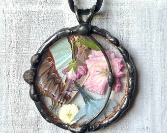 Butterfly Wing, Pressed Flower Collage, Round Necklace, Real Butterfly Wing, Pressed Pink & Blue Floral Silver Soldered Pendant