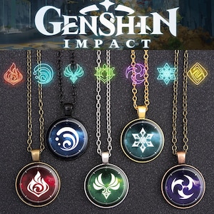 May include: Seven silver, gold, and bronze necklaces with glass pendants featuring different symbols from the video game Genshin Impact. The symbols include a snowflake, a heart, a swirl, a bird, a flame, and a yin-yang.
