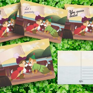 May include: Four illustrated postcards featuring Chip and Dale dressed as pirates and Peter Pan. The postcards have different text on them, including "Hook Up?", "Let's pawrty", and "You arrrr invited".