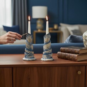 Hand-Thrown Pottery Candlestick Holder Pair, Twirling Ribbon Pattern, Blue and White