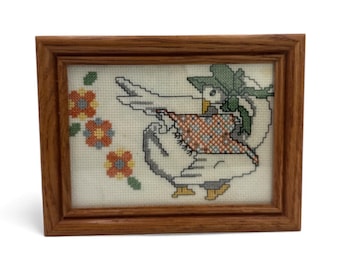 Vintage Goose Cross Stitch, Framed Handmade Cottage Wall Art