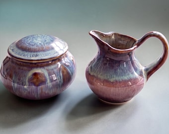 Signed Bill Campbell Pottery Creamer and Sugar Set, Vintage Flambé Drip Glaze Ceramic Teaware, Handmade Studio Art Pottery Lidded Bowl Pitch