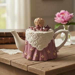 May include: A ceramic teapot shaped like a table covered with a white lace tablecloth over a mauve skirt. The lid features a miniature bouquet of flowers, tiny teacups, and a small teapot. It has a white handle and spout with floral accents.