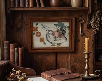 Vintage Goose Cross Stitch, Framed Handmade Cottage Wall Art
