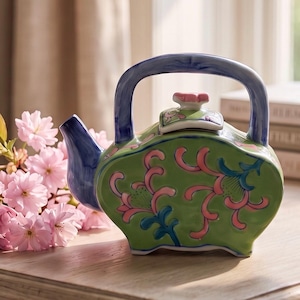 Puede incluir: Una tetera de cerámica con cuerpo verde, asa azul y pico azul. La tetera presenta un patrón floral rosa y azul en los laterales y un pequeño pomo con forma de flor rosa en la tapa. La tetera tiene una base plana y un asa superior curva.
