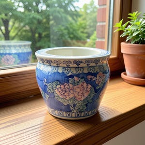 Vintage Chinoiserie Ceramic Fishbowl Planter: Pink Peony, Blue Greek Key (6" Mini)