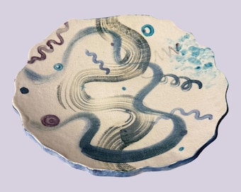 Signed Ceramic Plate: Whimsical Studio Pottery, Abstract Blue Swirls