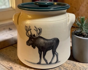 Hand-Painted Moose Crock Stoneware Utensil Holder with Lid – Rustic Lodge Pottery
