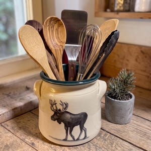Hand-Painted Moose Crock Stoneware Utensil Holder, Rustic Lodge Pottery, Cabin Kitchen Canister