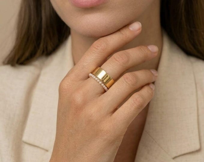 Featured listing image: Oura Ring Slim Covers & 1.6mm Pearl Ring Set | 18K Gold Plated Titanium Band | Non-Tarnish