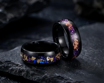 Black Galaxy Ring – 8mm Blue Crystal or Purple Crystal Gold Flake Band for Men