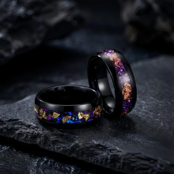 Black Galaxy Ring – 8mm Blue Crystal or Purple Crystal Gold Flake Band for Men