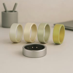 May include: A collection of smart rings in various colors, including beige, green, and yellow, alongside a silver charging base. The rings have a smooth, rounded design, suggesting a focus on comfort and style. The image conveys a modern, tech-focused aesthetic.