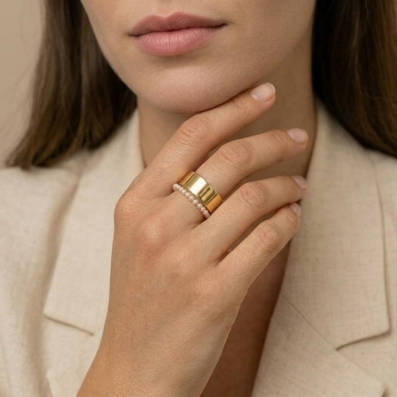 Oura Ring Slim Covers & 1.6mm Pearl Ring Set | 18K Gold Plated Titanium Band | Non-Tarnish image 1