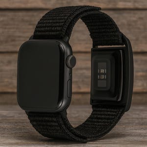 May include: Black smartwatch with a black woven nylon strap. The watch face is black and the side button is textured. The strap is attached to the watch with a black metal clasp. The back of the watch shows a heart rate sensor.