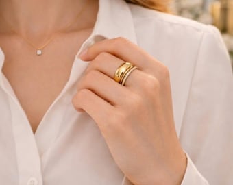 Set di anelli Oura con copertura lucida e doppio strato cavo a forma di H da 4 mm / Oro 18 carati PVD