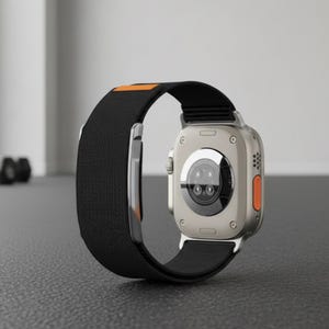 Puede incluir: Un reloj inteligente plateado con una correa negra y detalles en naranja. El reloj tiene una pantalla rectangular y una correa negra con una superficie texturizada. Dise&ntilde;ado para fitness y uso diario.