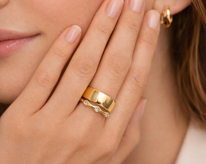 Featured listing image: Oura Ring Slim Cover & 3.3mm Stackable Gold Ring Set | Minimal CZ Titanium Steel