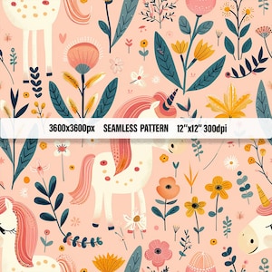 May include: A seamless pattern featuring white unicorns with pink manes and tails, surrounded by colorful flowers and leaves on a light pink background. The pattern is 3600x3600 pixels and is 12 inches by 12 inches at 300 dpi.