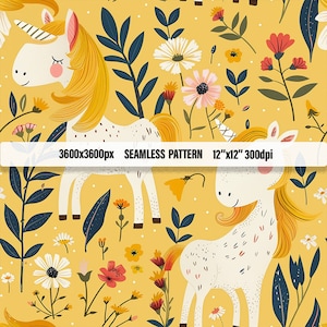 May include: A seamless pattern featuring white unicorns with yellow manes and tails, surrounded by colorful flowers and green leaves on a yellow background. The pattern is 3600x3600 pixels and is designed for a 12"x12" print at 300dpi.