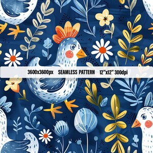 Boho Huhn Musterdesign. Blaue Fliesen für das Kinderzimmer. Stoffmuster. Master-Wiederverkaufsrechte, POD-Zubehör. Einklebebuch. Hohe Auflösung.