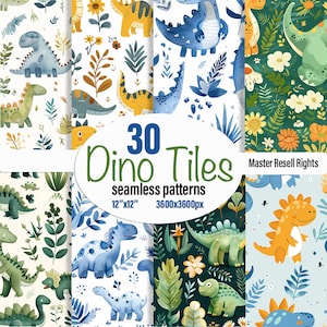 Dino mignon, style chambre d'enfant 30 modèles sans couture. Droits de revente principaux. Tuiles de bébé dinosaures. Fournitures pour POD