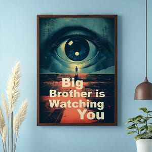 1984, George Orwell dystopia digital poster, Big brother is watching you. Printable PNG. POD supplies. Wall art