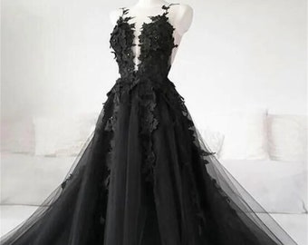 Sexy Gothic  black prom dress High side split A-line Evening dress I.D 461