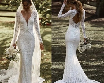 Long sleevle V neck Lace bridal gowns, Boho backless wedding dress I.D 435