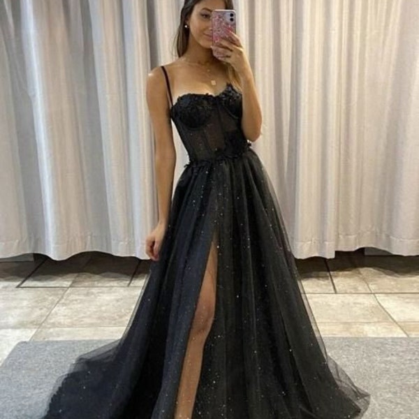 Black Glitter A Line Tulle Prom Dresses 3D Flowers Long Evening Gowns I.D 409